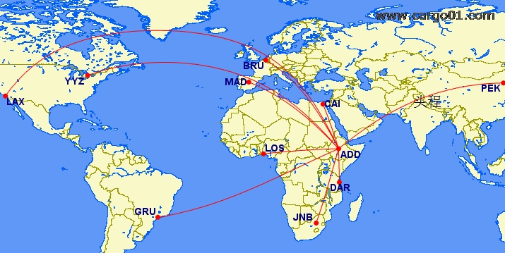 PEK-ADD,ADD-DAR,ADD-JNB,ADD-LOS,ADD-CAI,ADD-MAD,ADD-BRU,ADD-LAX,ADD-GRU,ADD-YYZ航線示意圖.png